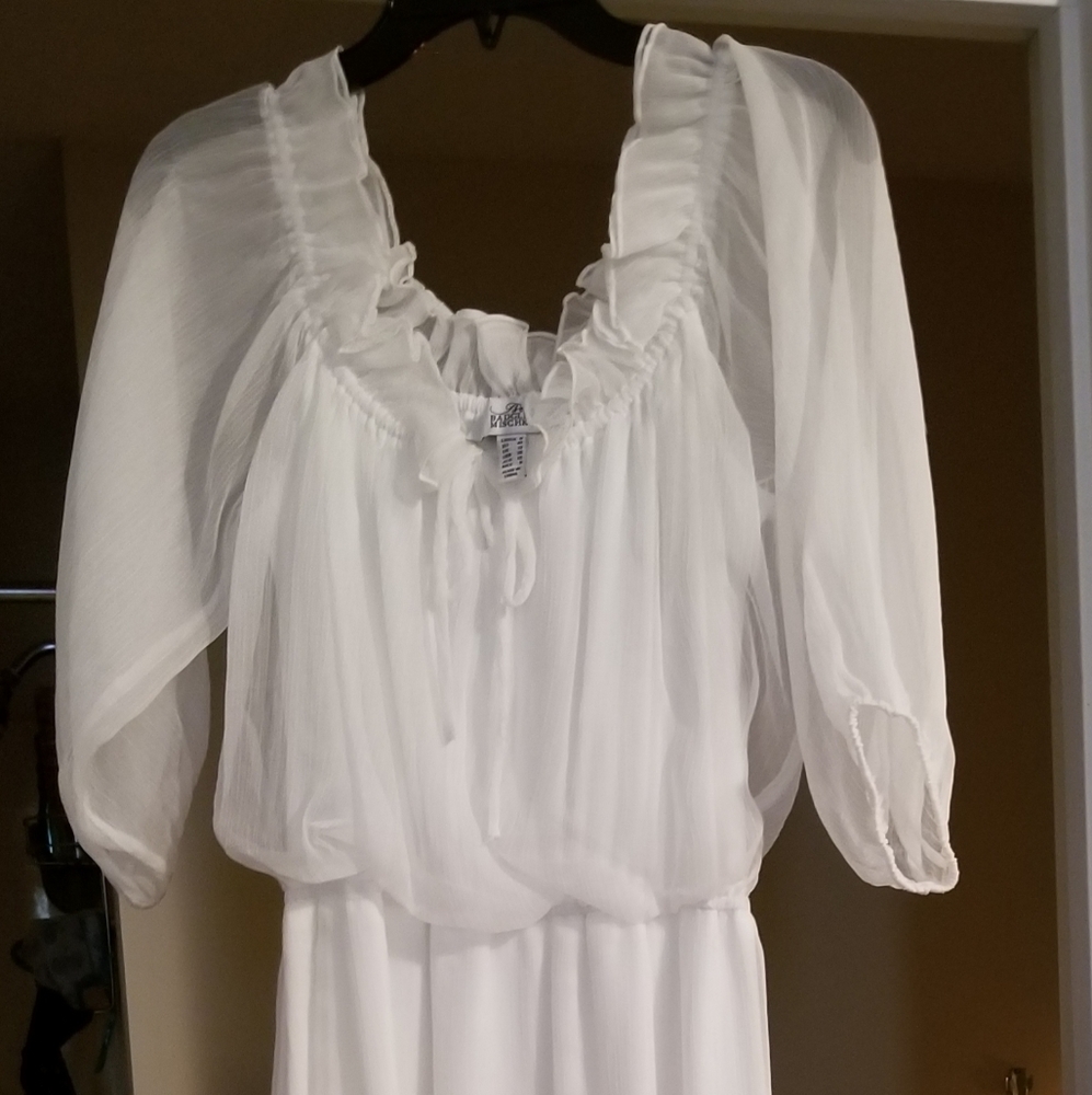 Off-shoulder sheer floor-length dress